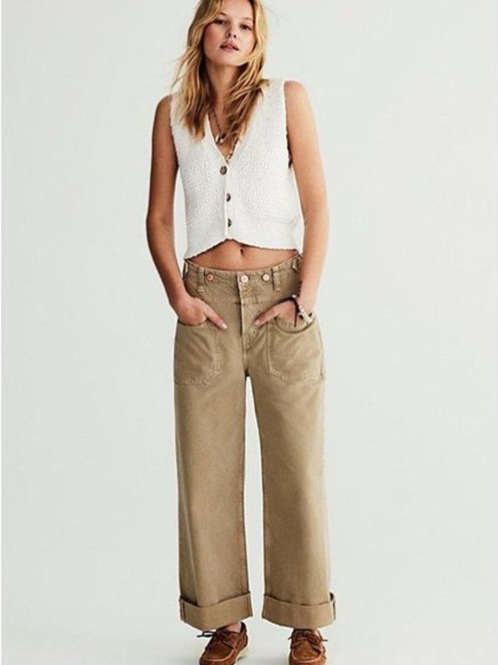 Free People Palmer Wide Leg Cuffed Jean - Savannah Khaki - 25